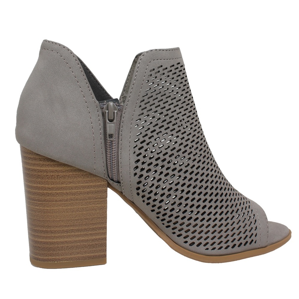 Grey Perforated Peep Toe Stacked Heel Ankle Boot - Picture 2 of 4